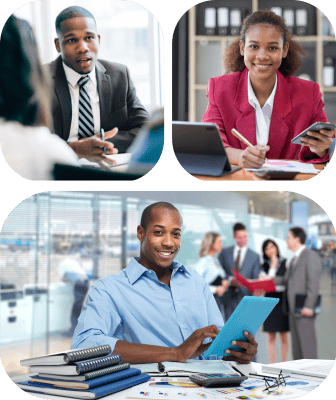 A collage featuring diverse individuals collaborating in an office setting at MW Accountants & Consulting.